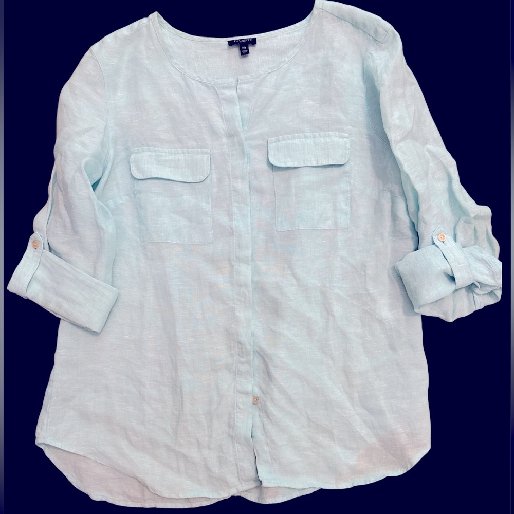 Talbots M 100% linen mint green button down blouse